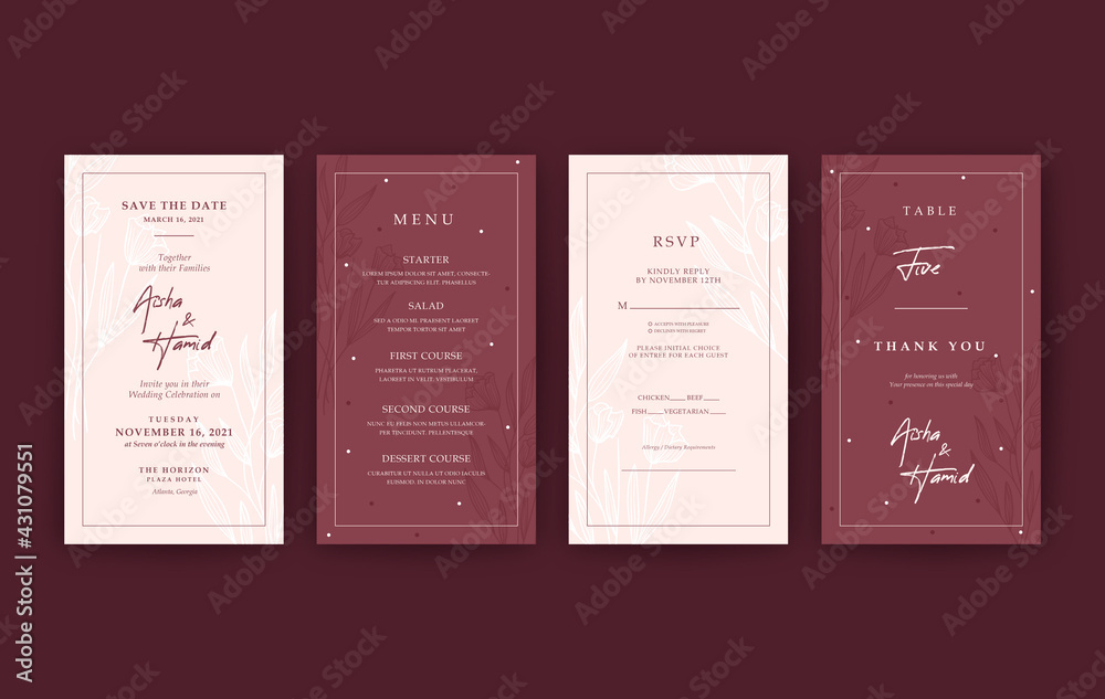 Beautiful maroon vertical wedding invitation template Stock Vector