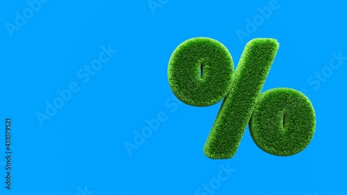 Green summer lawn grass symbol isolated on blue background. Conceptual grassed sign of percent. Design of information related to the economy. Growth and eco environment concept. 3d illustration