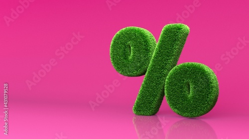 Green summer lawn grass symbol isolated on pink background. Conceptual grassed sign of percent. Design of information related to the economy. Growth and eco environment concept. 3d illustration