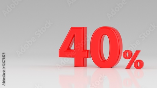 40 percent red isolated on white grey background. 40% off discount promotion sale. Sales concept. Special Offer. 3D Digits Banner, Design Template Icon. Selling poster, banner ads. 3d illustration