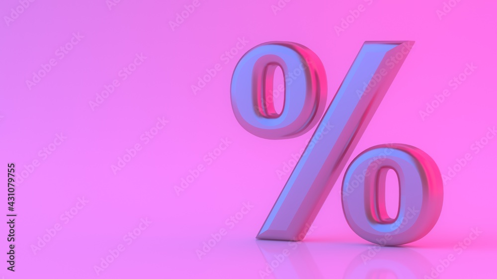 Glossy purple percent sign with neon light isolated on pink background. Seasonal sales with percent discount pattern. Business, discount, sale, shopping, promotion, price, concept. 3d render Glossy purple percent sign with neon light isolated on pink background. Seasonal sales with percent discount pattern. Business, discount, sale, shopping, promotion, price, concept. 3d render