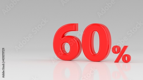 60 percent red isolated on white grey background. 60% off discount promotion sale. Sales concept. Special Offer. 3D Digits Banner, Design Template Icon. Selling poster, banner ads. 3d illustration