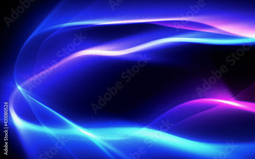Abstract of colorful glowing and flowing dynamic movement curve neon blue and purple bright light on dark black background