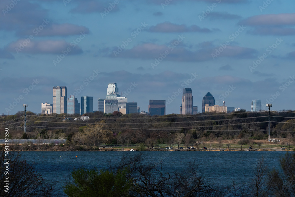 View across White Rock Lake of the Dallas Texas skyline