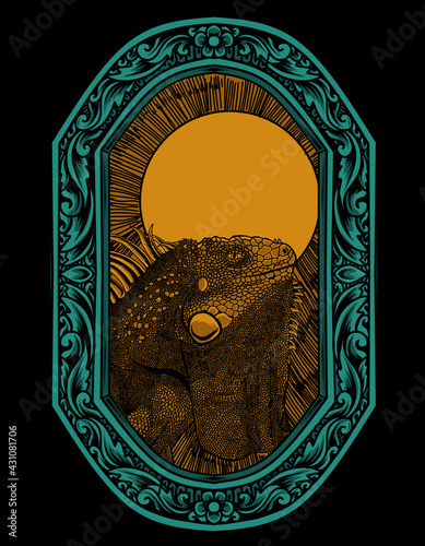 illustration vector iguana with engraving ornament