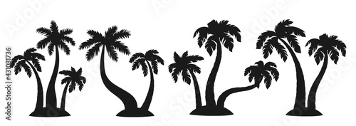 Tropical islands with palm trees black silhouette cartoon set. Coconut palm trees nature design element. Hand drawn tree mature and young plants forest. Isolated vector illustration