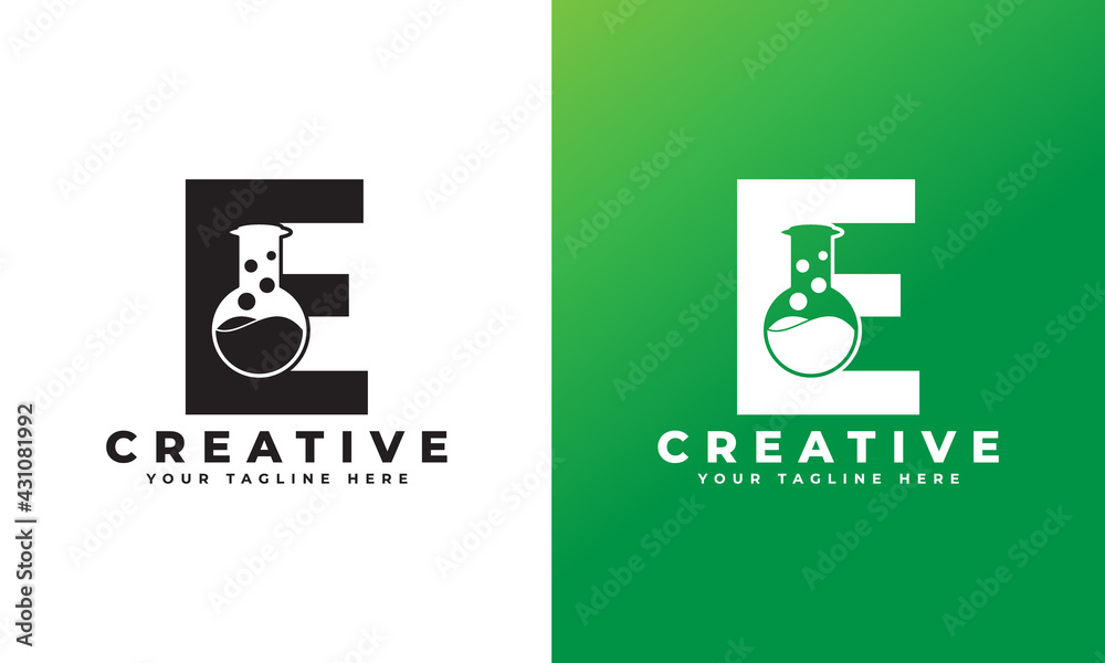 Naklejka premium Letter E with Abstract lab logo. Usable for Business, Science, Healthcare, Medical, Laboratory, Chemical and Nature Logos.