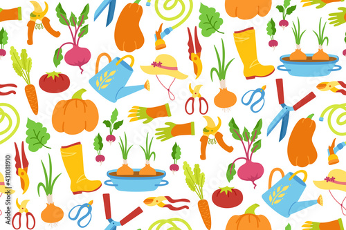 Gardening tools seamless pattern. Watering can, vegetable and rubber boot. Cartoon equipment pruner scissors glove. Work tool for farming cultivating. Hand drawn wallpaper farm vector illustration