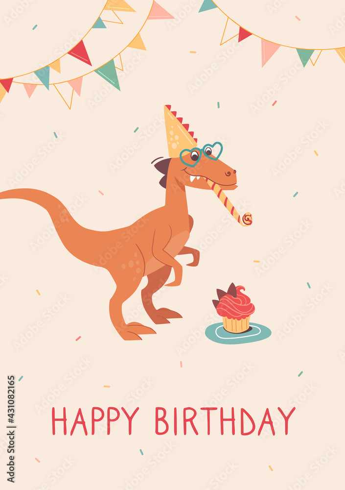 Funny velociraptor blows a festive tune. Happy Birthday. Dino in heart-shaped sunglasses and a cap. Birthday card. Dinosaur feast, fun and bunting. Funny vector greeting card, beige background. Funny velociraptor blows a festive tune. Happy Birthday. Dino in heart-shaped sunglasses and a cap. Birthday card. Dinosaur feast, fun and bunting. Funny vector greeting card, beige background.