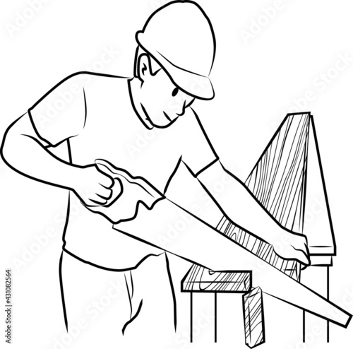 Carpenter, wood work, labor line vector illustration people