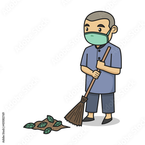 Boy Characters Sweeps While Wearing a Face Mask. Vector. Children Book.