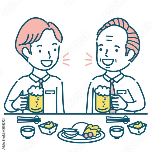 お酒と食事を楽しむビジネスパーソンのイラスト素材