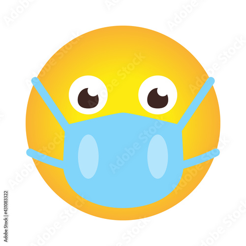 Closeup emoji icon in medical mask. Smile in cartoon style as sign protect against spread of coronavirus. Concept stop COVID-19. Emoticon in face protective mask. Isolated on white vector illustration