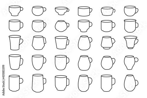 Cup coffee break black outline icon set. Blank linear template different shape for shop, tea house menu. Simple graphic element mug, drink symbol espresso, latte. Isolated on white vector illustration