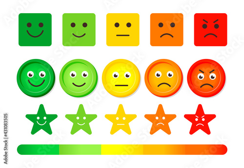 Emotion feedback scale icons or bar. Set of color emoticon indicator of mood, level, rank. Shaped star or circle. Great for app or web button of satisfaction survey service quality Vector illustration