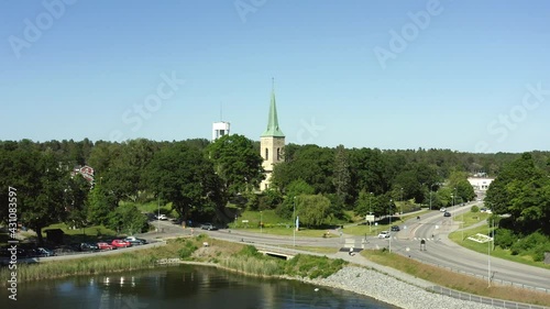 Aerial view of summer in the archipelago community Gustavsberg outside Stockholm. 20-07-28. High quality 4k footage photo