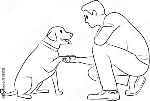 A man hold dog hand, owner and pet line vector illustration