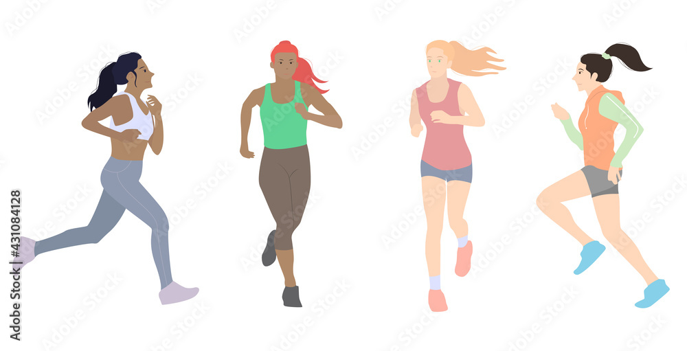 Collection women performing jog activities. Bundle of happy training or exercising people isolated on white background. Vector illustration in flat cartoon style.