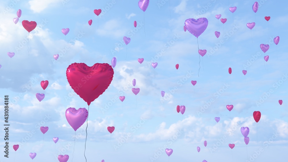 Red Pink Love Heart Shaped Balloons Float Up High Into Blue Cloudy Sky - Abstract Background Texture