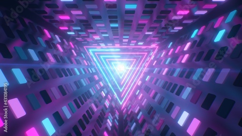 Retro Futuristic Neon Tunnel of Flashing Lights and Glowing Triangle - Abstract Background Texture photo