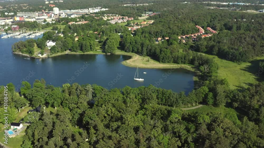 Aerial view of summer in the archipelago community Gustavsberg outside Stockholm. 20-07-28. High quality 4k footage