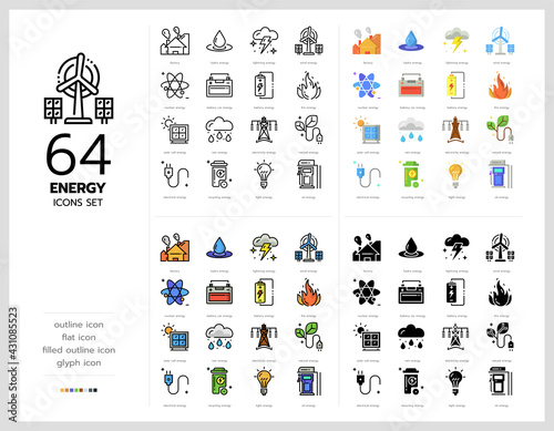 64 energy icons set vector design in filled, thin line, outline and flat style.