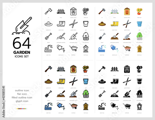 64 garden icons set vector design in filled, thin line, outline and flat style.