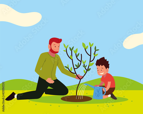 dad son planting