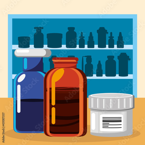 pharmacy shelves with medicines