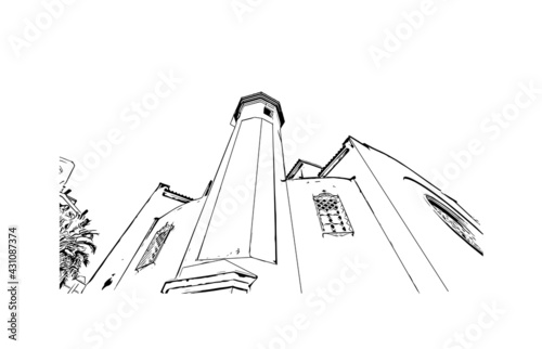 Building view with landmark of Elche is a city in southeast Spain. Hand drawn sketch illustration in vector.