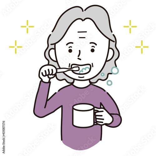 歯磨きをするシニア女性のイラスト素材