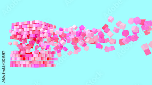 Abstract creative modern blue and pink pastel 3d background three-dimensional cube exploding flying out of it small particles of the cube. 3d illustration