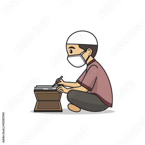 Boys Character Read the Koran, Wearing Muslim Caps, Clothes and Face Mask. Vector. Children Book.