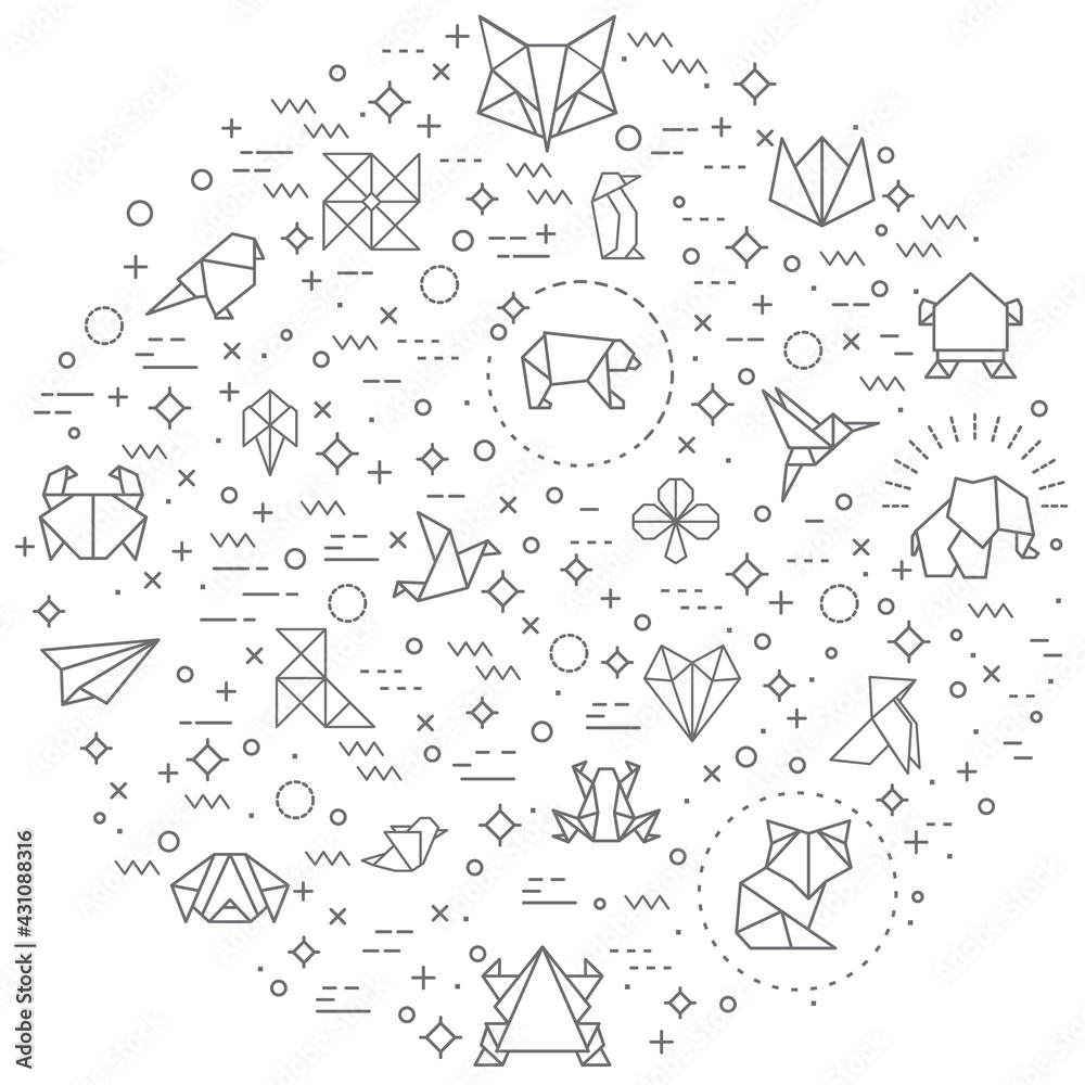 Simple Set of origami and paper Related Vector Line Illustration. Contains such Icons as bird, airplane, animal, fish, boat, folded, geometric and Other Elements.