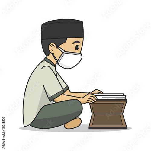 Ustaz Character Read the Koran, Wearing Muslim Caps, Clothes and Face Mask. Vector. Children Book.