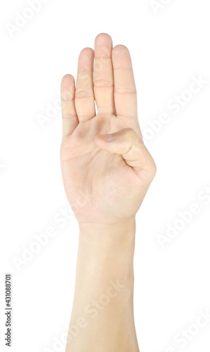 Man hands holding four fingers gestures and symbols isolated on white background with clipping path.