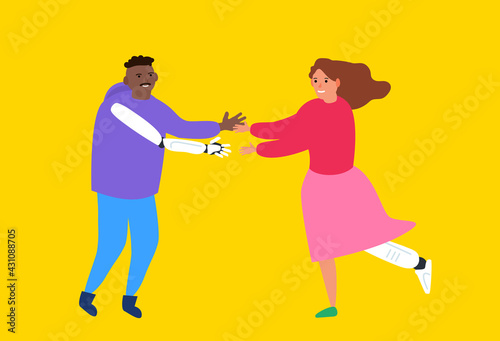 happy couple man and woman with bionic leg and arm prosthetic vector illustration