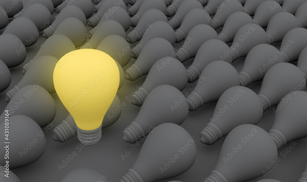 a yellow glowing light bulb on a background of gray light bulbs.3 d render.idea a yellow glowing light bulb on a background of gray light bulbs.3 d render.idea