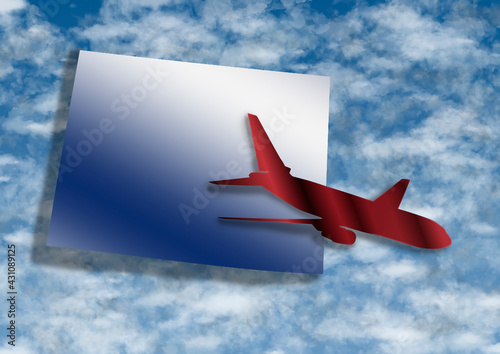 illustration with the silhouette of an airplane and the map of the State of Wyoming on a background with sky and clouds