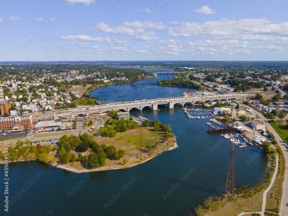 Aerial view of Washington Bridge between City of Providence and East Providence on Seekonk River in Rhode Island RI, USA. 