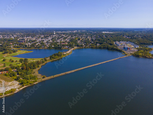 Watchemoket Cove and Bay Bike Path at Providence River aerial view near Narragansett Bay in East Providence  Rhode Island RI  USA. 