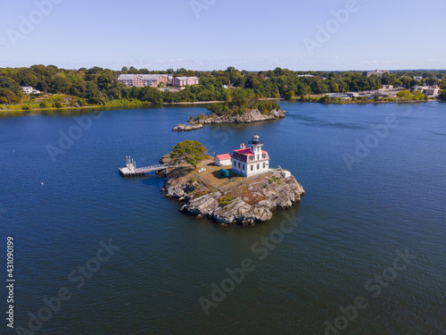 Aerial view of Pomham Rocks Lighthouse on Providence River near Narragansett Bay in East Providence, Rhode Island RI, USA.  photo