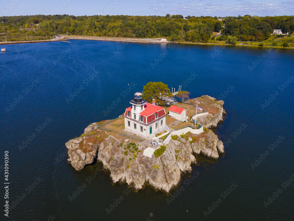 Aerial view of Pomham Rocks Lighthouse on Providence River near Narragansett Bay in East Providence, Rhode Island RI, USA. 