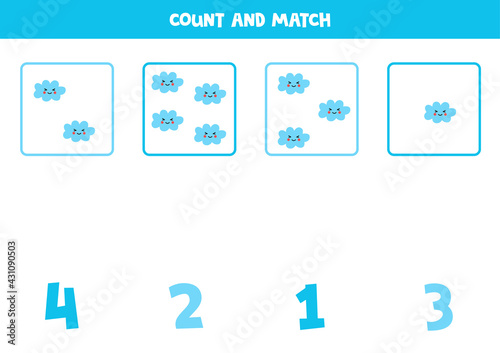 Counting game with cute clouds. Math worksheet.
