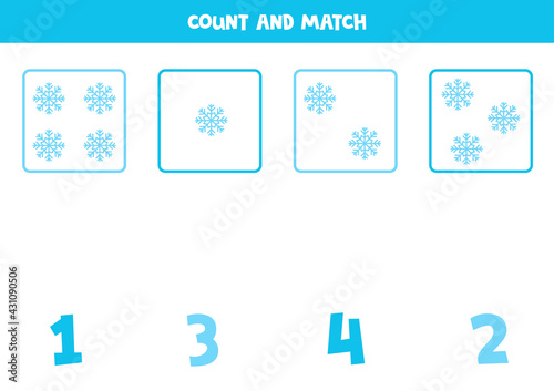 Counting game with cute snowflakes. Math worksheet.