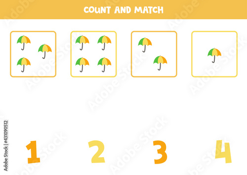 Counting game with cartoon umbrellas. Math worksheet.