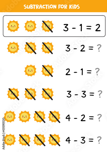 Subtraction with cute Sun. Educational math game for kids.