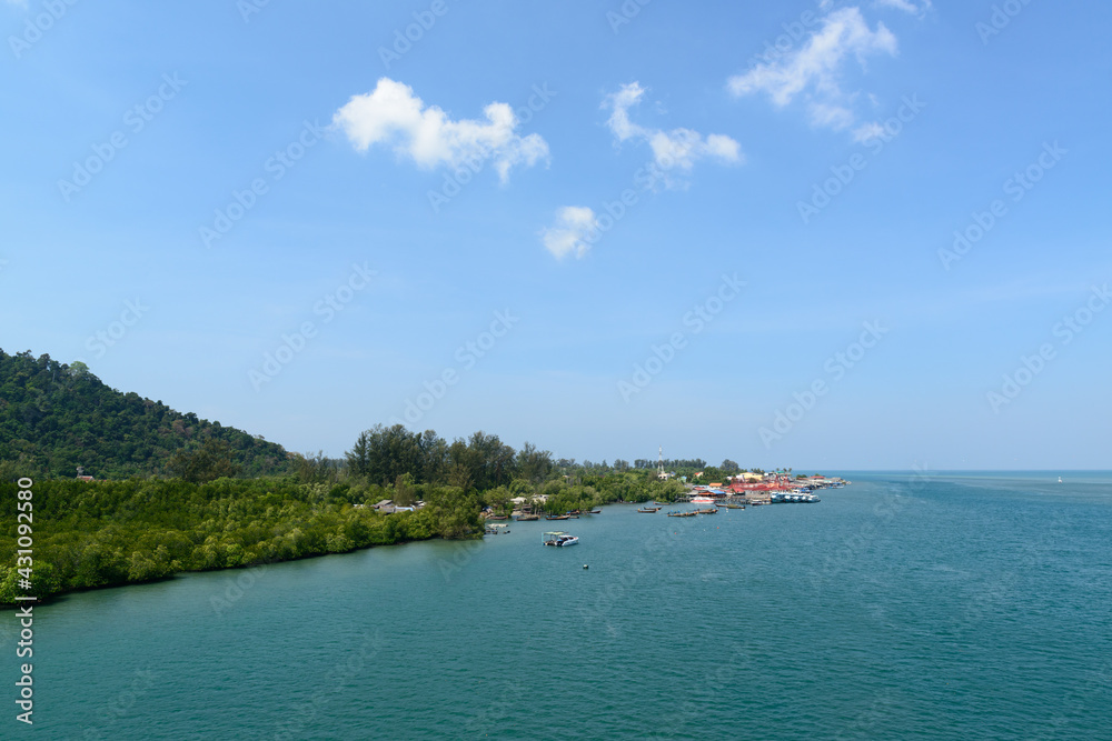 Saladan village and mangrove forest when seen from Siri Lanta bridge, is situated in the northern of Koh Lanta Yai, Krabi, Thailand.