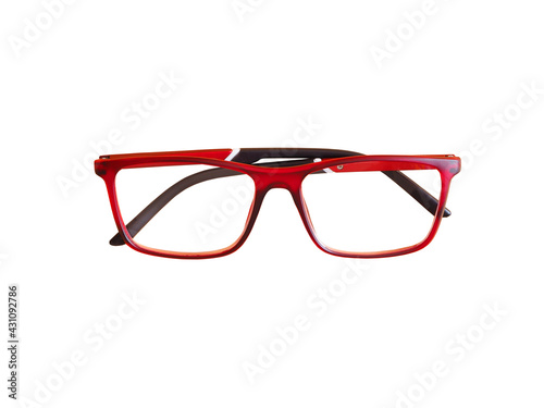 Red eyeglasses isolated on a white background. close up..
