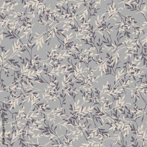 Seamless natural pattern. Branches of trees with leaves are scattered in different directions. Botanical illustration. Design of wallpaper, fabrics, textiles, packaging, postcards, wedding design. 